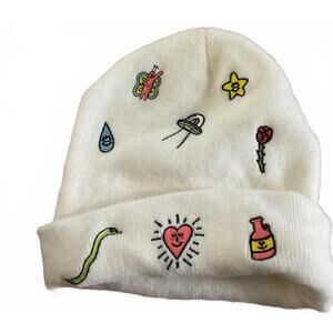 aLab White Beanie Hat with Fun Embroidered Patches